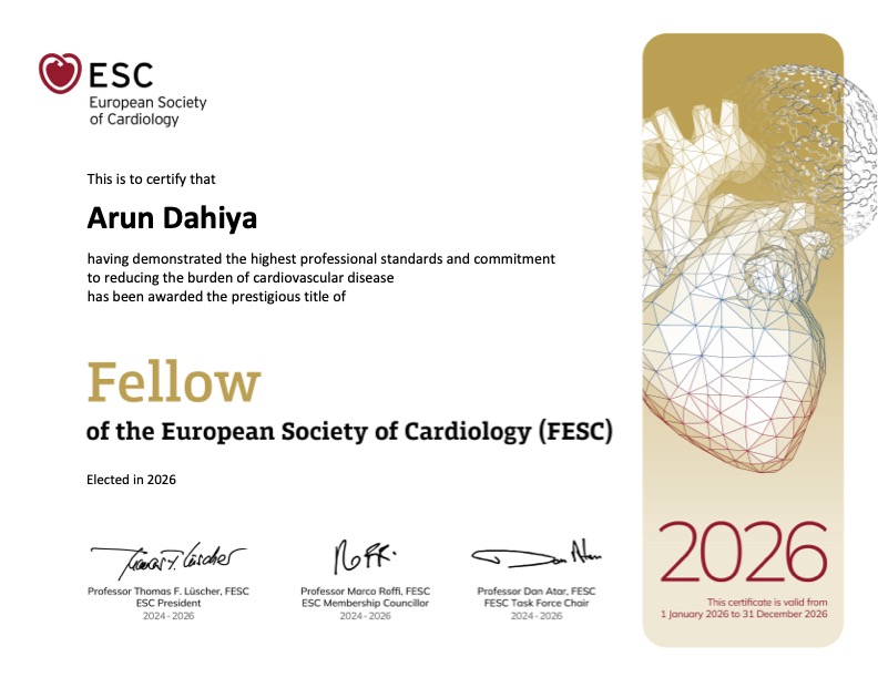 A/Prof Arun Dahiya - Fellow of the European Society of Cardiology (FESC)